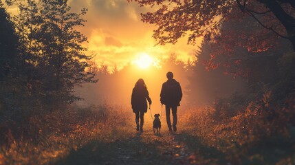 Couple walking their dog at sunset in a scenic forest path capturing the beauty of nature tranquil atmosphere romantic mood