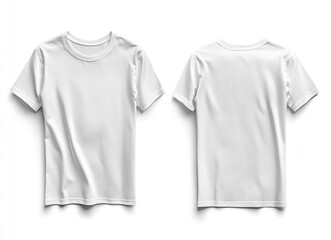 White T-shirt template, front and back view, isolated on a white background. Mockup for design print presentation, mock-up, stock photo.