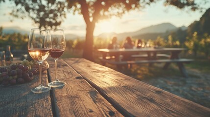 Obraz premium Enjoying wine tasting at a scenic vineyard sunset outdoor picnic setting captivating lifestyle experience with friends natural landscape warm evening glow