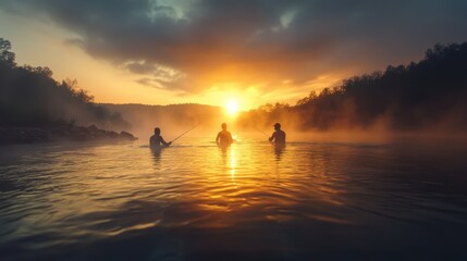 Fishing at sunrise serenity lake outdoor activity misty environment tranquil viewpoint nature's beauty captured in stillness