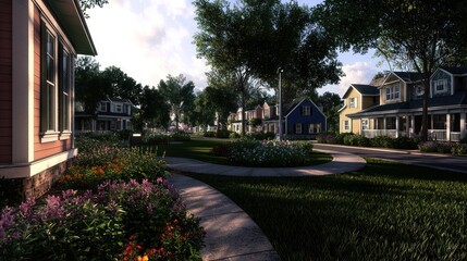 Obraz premium Serene suburban neighborhood with colorful houses and blooming gardens under a bright sky