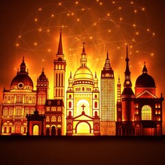 Fototapeta premium Illuminated Cityscape Skyline at Night Glowing Buildings Architecture
