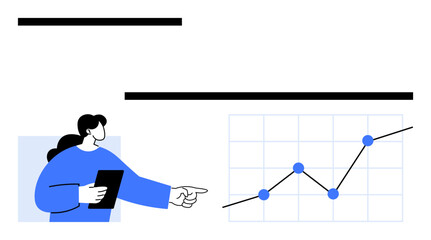 Woman holding tablet gestures towards upward-trending line graph with plotted points. Ideal for data analysis, statistics, business growth, success tracking, presentations, reporting, abstract line