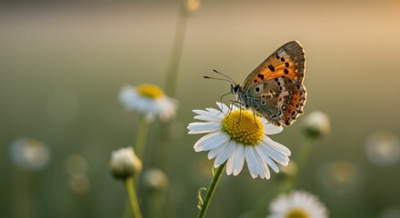 Butterfly on daisy: nature's serene summer morning scene close-up