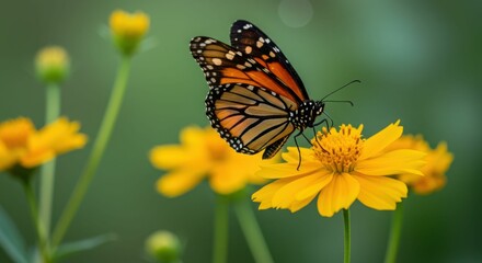 Obraz premium Monarch butterfly on yellow flower in natural setting