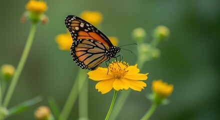 Obraz premium Monarch butterfly on yellow flower in natural garden setting