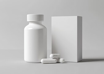 3D rendering of a white, blank supplement bottle and box mockup on a grey background. Close-up, high-resolution photo, high quality, high contrast.