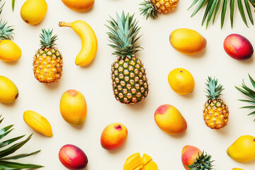 Vibrant tropical fruits pattern with pineapples, mangoes, and bananas on a light cream background