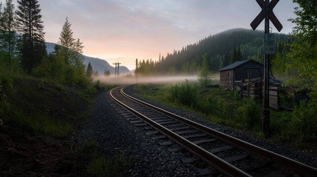 Serene morning landscape with mist over railway tracks, surrounded by lush greenery and mountains - Powered by Adobe