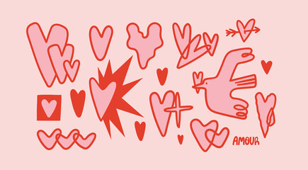 Various unique pink Hearts. Doodle, simple, cool, modern style. Hand drawn trendy Vector illustration. All elements are isolated. Symbol of love, Valentine's Day, romance, affair. Print, card template