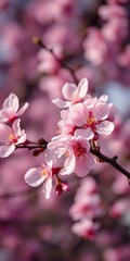 Obraz premium Blossoming flowers create a vibrant display in springtime, showcasing delicate pink petals on branches