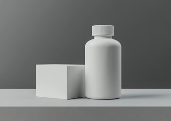 3D rendering of a white, blank supplement bottle and box mockup on a grey background. Close-up, high-resolution photo, high quality, high contrast.