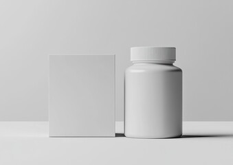 3D rendering of a white, blank supplement bottle and box mockup on a grey background. Close-up, high-resolution photo, high quality, high contrast.