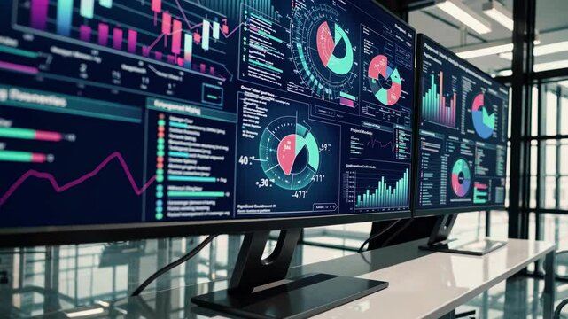 Large monitors display complex data visualizations and analytics in a sleek, modern office setting. The focus is on business intelligence and data-driven decision making