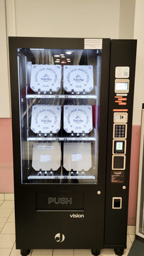 Prague, Czech republic - February 26, 2023: Automated vending machine offering freshly baked valasske frgaly by Bakery Anezka, traditional czech pastry