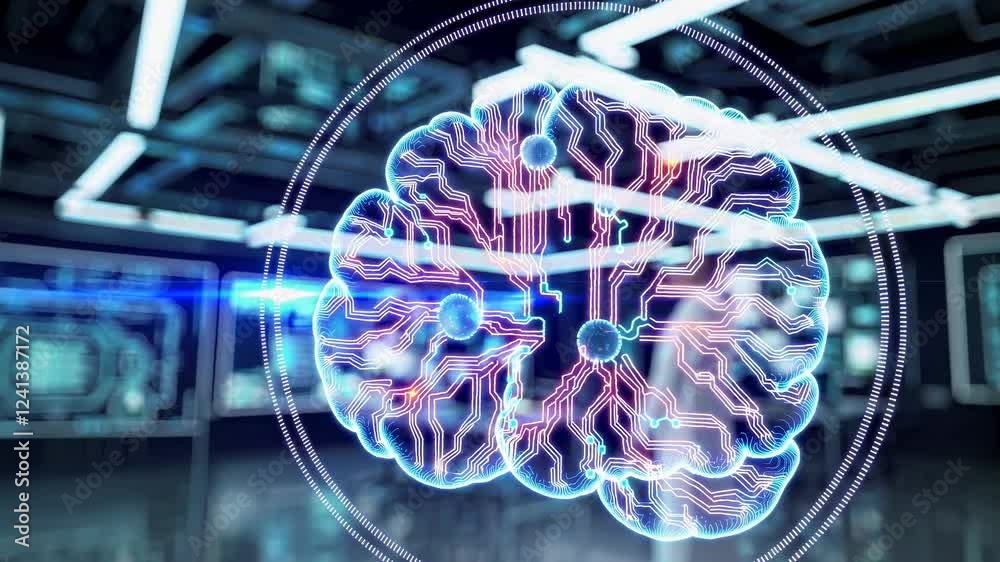 Poster scientist wearing a vr headset is interacting with a holographic projection of a digital human brain