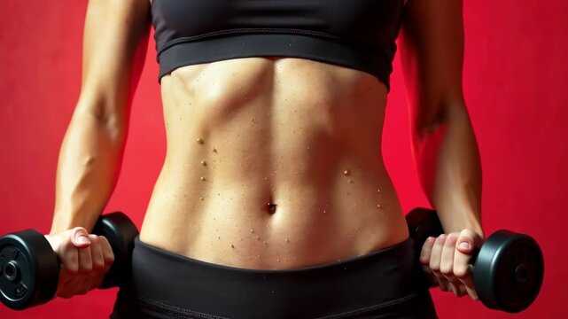 A woman is holding two dumbbells in her hands and has a flat stomach. Concept of fitness and strength