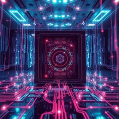 Neon Cyberpunk Server Room with Glowing Circuitry