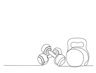 Continuous one line drawing of dumbbell fitness and gym equipment. Kettlebell and dumbbell  in single line draw illustration. Editable stroke.