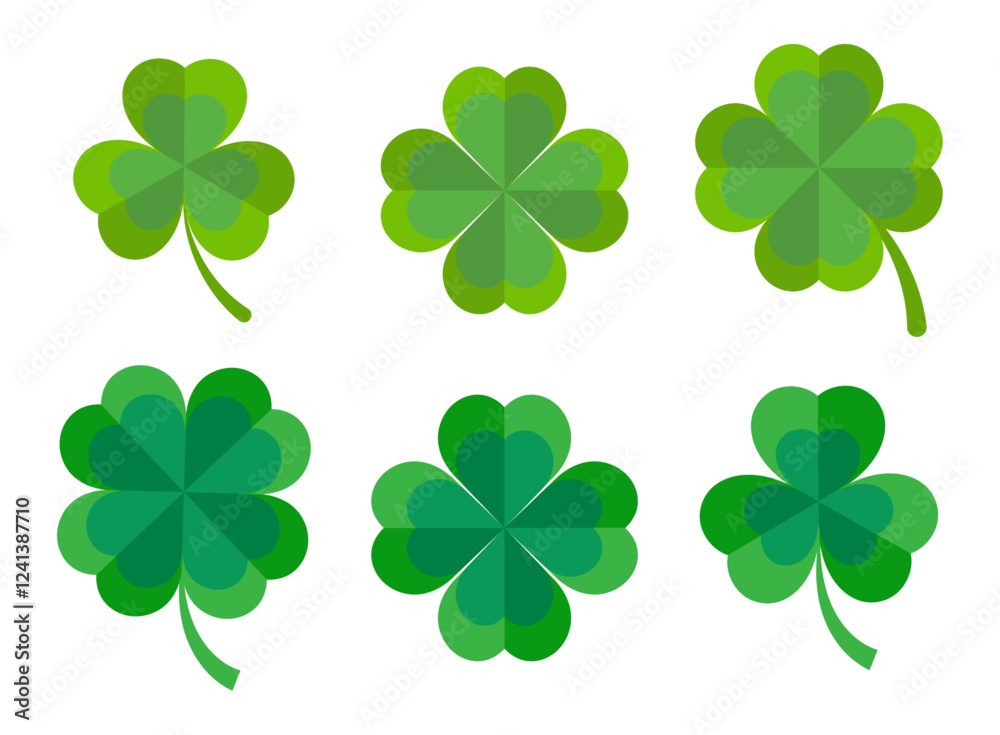 Aufkleber Flat shamrock icons vector set. Four leaf clover icon. Happy St Patricks day. Leaf clover on isolated background. Good luck four leaf clover flat icons for apps and websites.