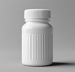 3D rendering of a white plastic supplement bottle mockup on a grey background with a clipping path, close-up view. 8K, high resolution, high quality. 