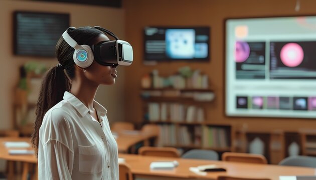 A woman wearing a virtual reality headset stands attentively in a modern classroom filled with digital displays and seating arrangements, exploring immersive learning.