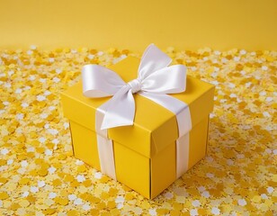 A vibrant yellow gift box with a white ribbon on a cheerful background of yellow confetti.