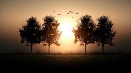 Obraz premium Serene sunset with silhouetted trees and birds flying over a tranquil landscape