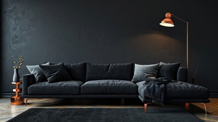 Chic Black Living Room with Dark Grey Sofa and Warm Copper Floor Lamp