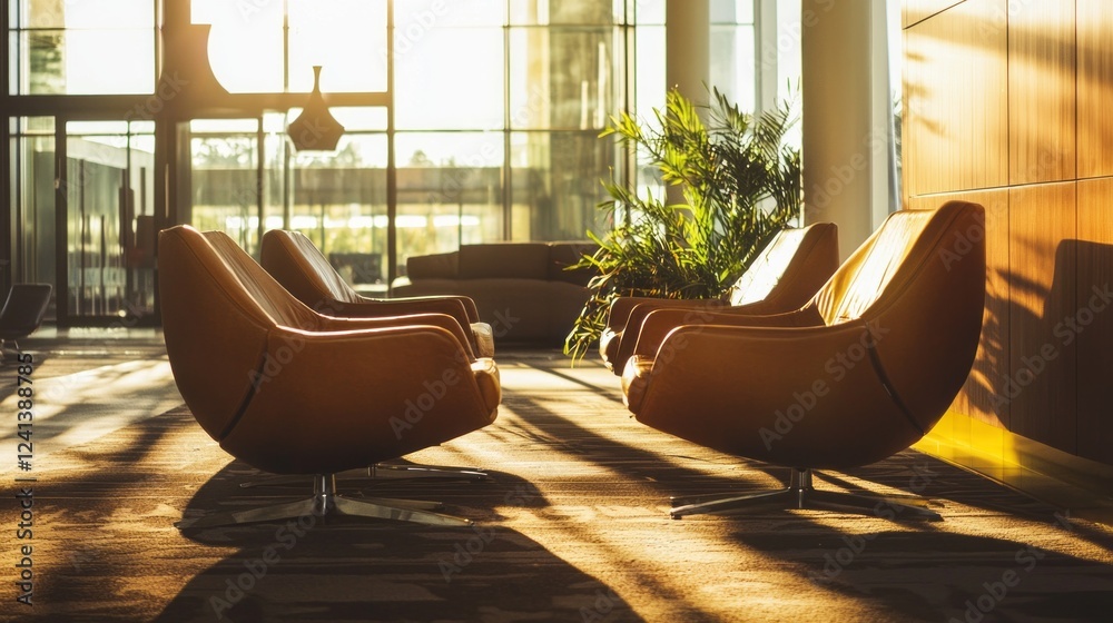Poster leather chairs are arranged invitingly in a spacious lobby, their sleek design highlighted by warm s