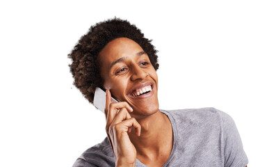 Smile, phone call and black man with conversation, happiness and communication isolated on...