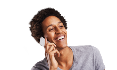 Smile, phone call and black man with conversation, happiness and communication isolated on transparent background. African person, model or guy with a smartphone, speaking and network with app or png