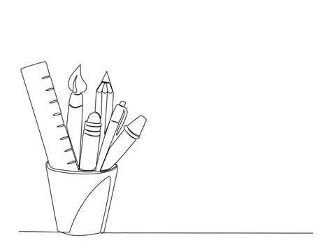 Continuous one line drawing of pen, ruler, pencil and brush in the glass. Education equipment in single line draw illustration. Editable stroke.