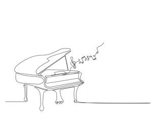 Continuous one line drawing of grand piano - music equipment. Classic grand piano in single line draw illustration. Editable stroke.