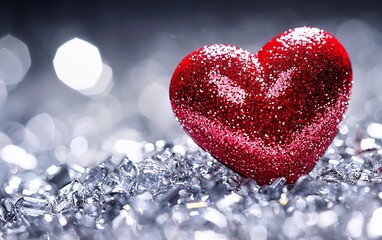 Fototapeta premium Red glitter heart on silver crystals; bokeh background; Valentine's Day card