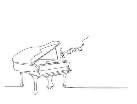 Continuous one line drawing of grand piano - music equipment. Classic grand piano in single line draw illustration. Editable stroke.