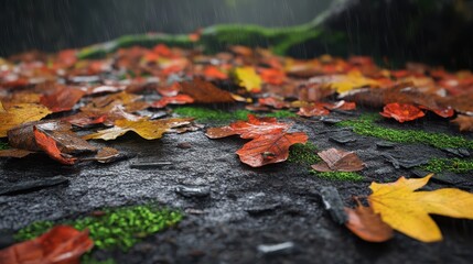 Autumn leaves scattered on a wet stone surface, bringing a peaceful nature scene.