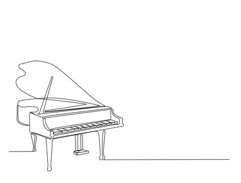 Continuous one line drawing of grand piano - music equipment. Classic grand piano in single line draw illustration. Editable stroke.