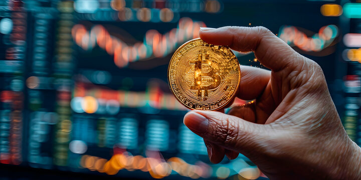 Mano sosteniendo una criptomoneda dorada y de fondo una pantalla con estad&iacute;sticas