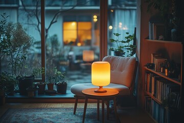 Warm lamplight illuminates a cozy reading nook creating a serene atmosphere