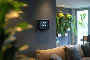 Digital thermostat displaying 20 degrees celsius, indicating a comfortable temperature in a contemporary living room, promoting energy efficiency and smart home technology