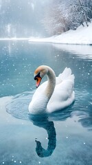 Obraz premium 8. A beautiful white swan swimming in a crystal-clear lake surrounded by snow