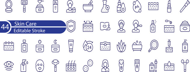 Skin care editable stroke outline icons set isolated on white background flat vector illustration.