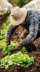 Fototapeta premium Farmer planting lettuce in a field, greenhouse background, agriculture