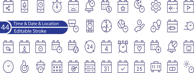 Time, date and address concept editable stroke outline icons set isolated on white background flat vector illustration.