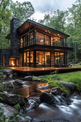 Fototapeta premium Modern glass cabin in forest setting with stream and warm lighting