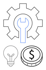 Gear and wrench symbolizing maintenance, lightbulb for ideas, and dollar coin denoting financial success. Ideal for growth, problem-solving, efficiency, innovation, business strategy, financial