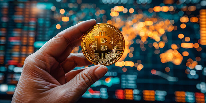 Mano sosteniendo una criptomoneda y al fondo una pantalla con luces
