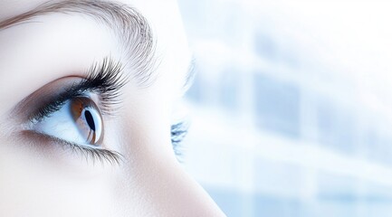 Close up of brown eyes with contact lens and long lashes showcasing beauty and detail in copy space