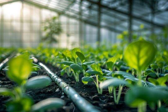 Lush green seedlings in sunlit greenhouse